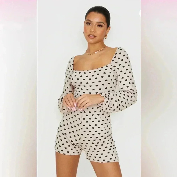 Stone Heart Print Tie Back Long Sleeve Romper - Picture 2 of 12